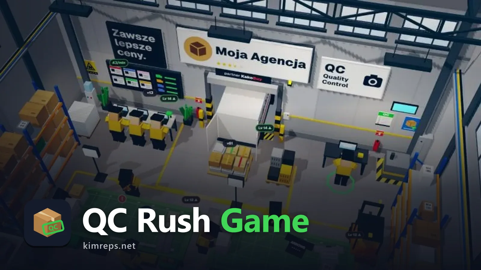QC Rush Game cover: the game logo over an agent warehouse full of parcels, with QC tables and a crew at work.